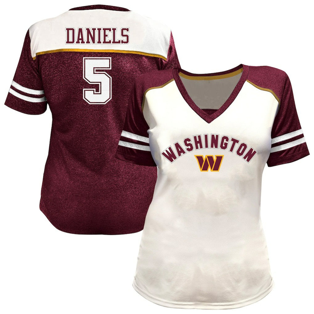 Jayden Daniels Washington Commanders Women's Plus Size Bling V-Neck T-Shirt White | Fanatics