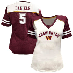 Jayden Daniels Washington Commanders Women's Plus Size Bling V-Neck T-Shirt White | Fanatics