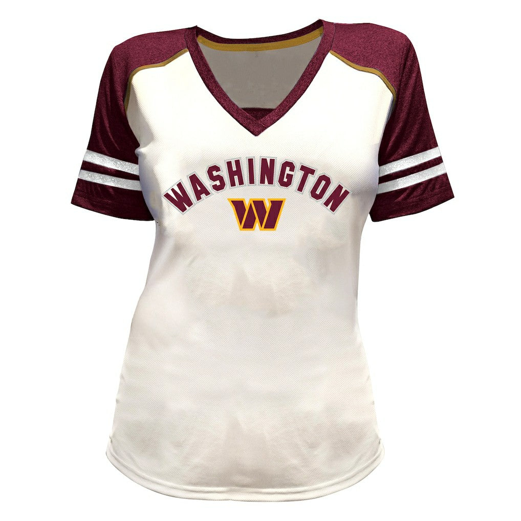 Jayden Daniels Washington Commanders Women's Plus Size Bling V-Neck T-Shirt White | Fanatics