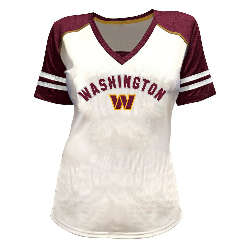 Jayden Daniels Washington Commanders Women's Plus Size Bling V-Neck T-Shirt White | Fanatics
