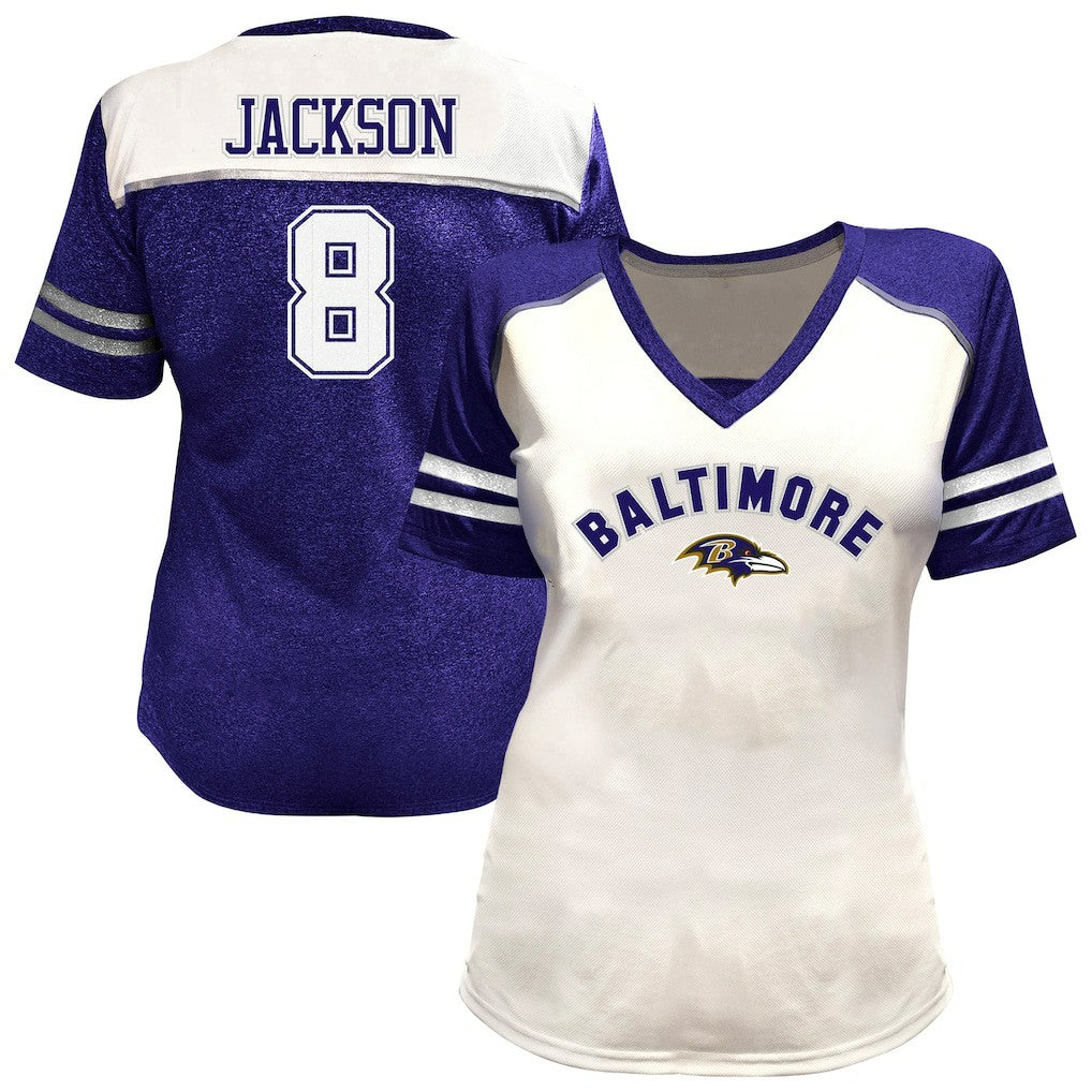 Lamar Jackson Baltimore Ravens Women's Plus Size Bling V-Neck T-Shirt White | Fanatics