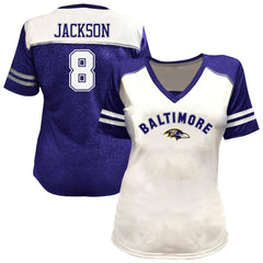 Lamar Jackson Baltimore Ravens Women's Plus Size Bling V-Neck T-Shirt White | Fanatics