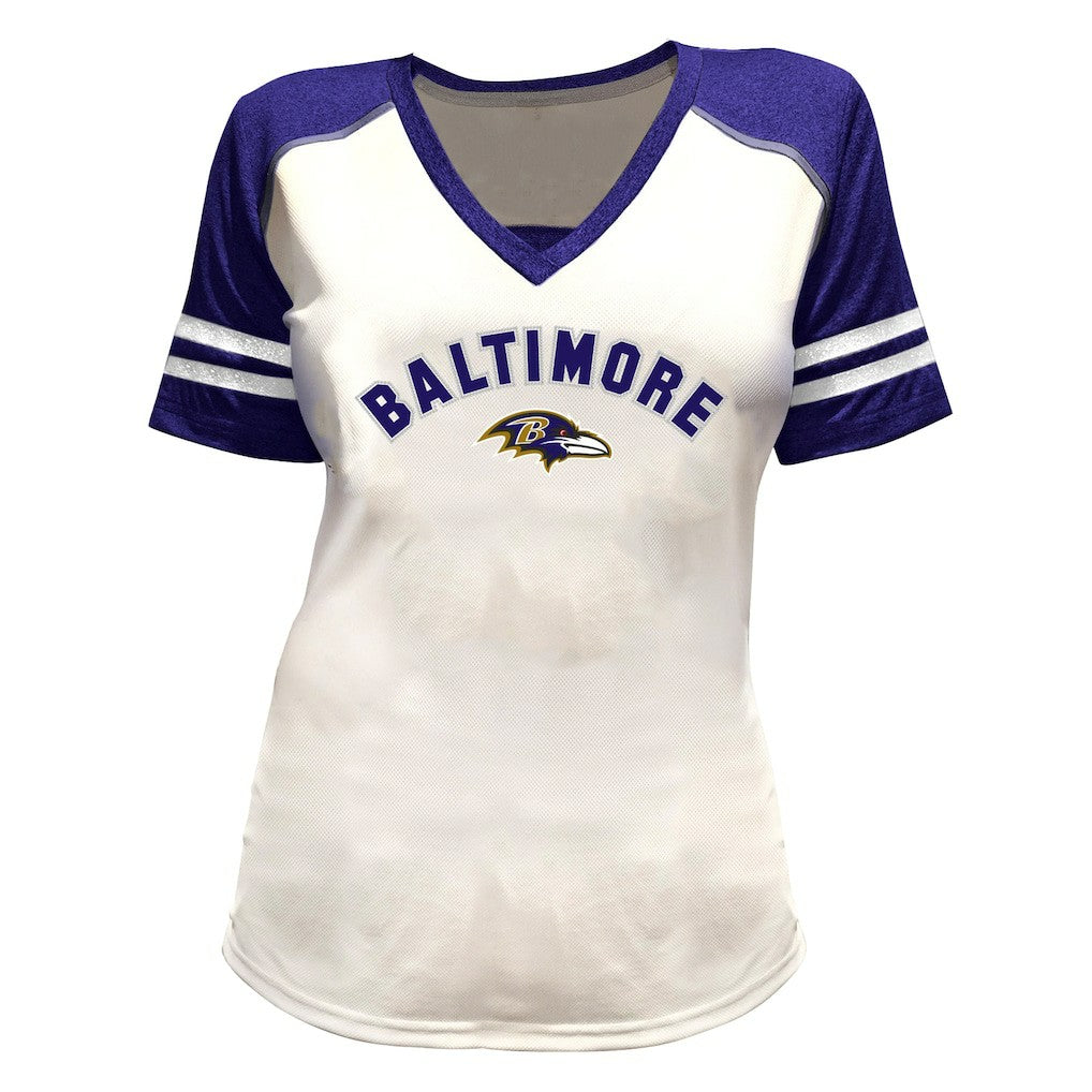Lamar Jackson Baltimore Ravens Women's Plus Size Bling V-Neck T-Shirt White | Fanatics