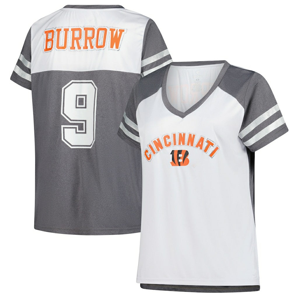 Joe Burrow Cincinnati Bengals Women's Plus Size Bling V-Neck T-Shirt White | Fanatics