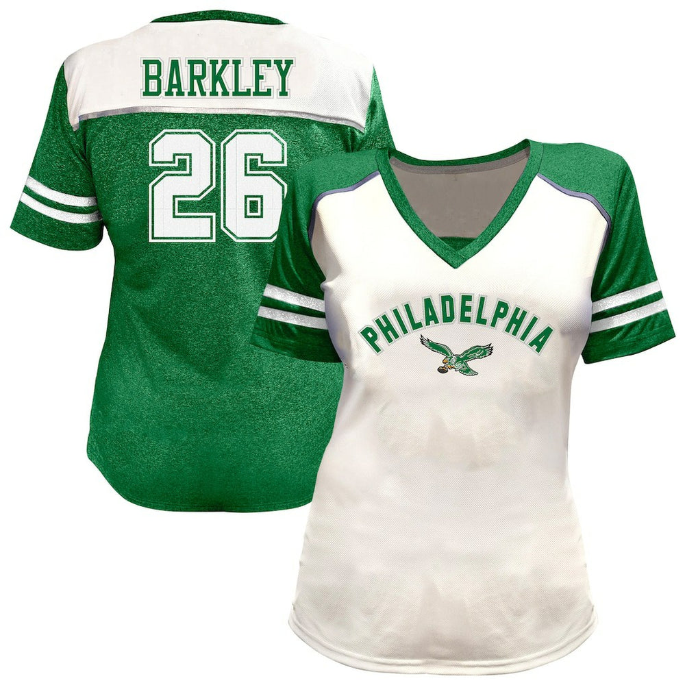 Saquon Barkley Philadelphia Eagles Women's Plus Size Bling V-Neck T-Shirt White | Fanatics