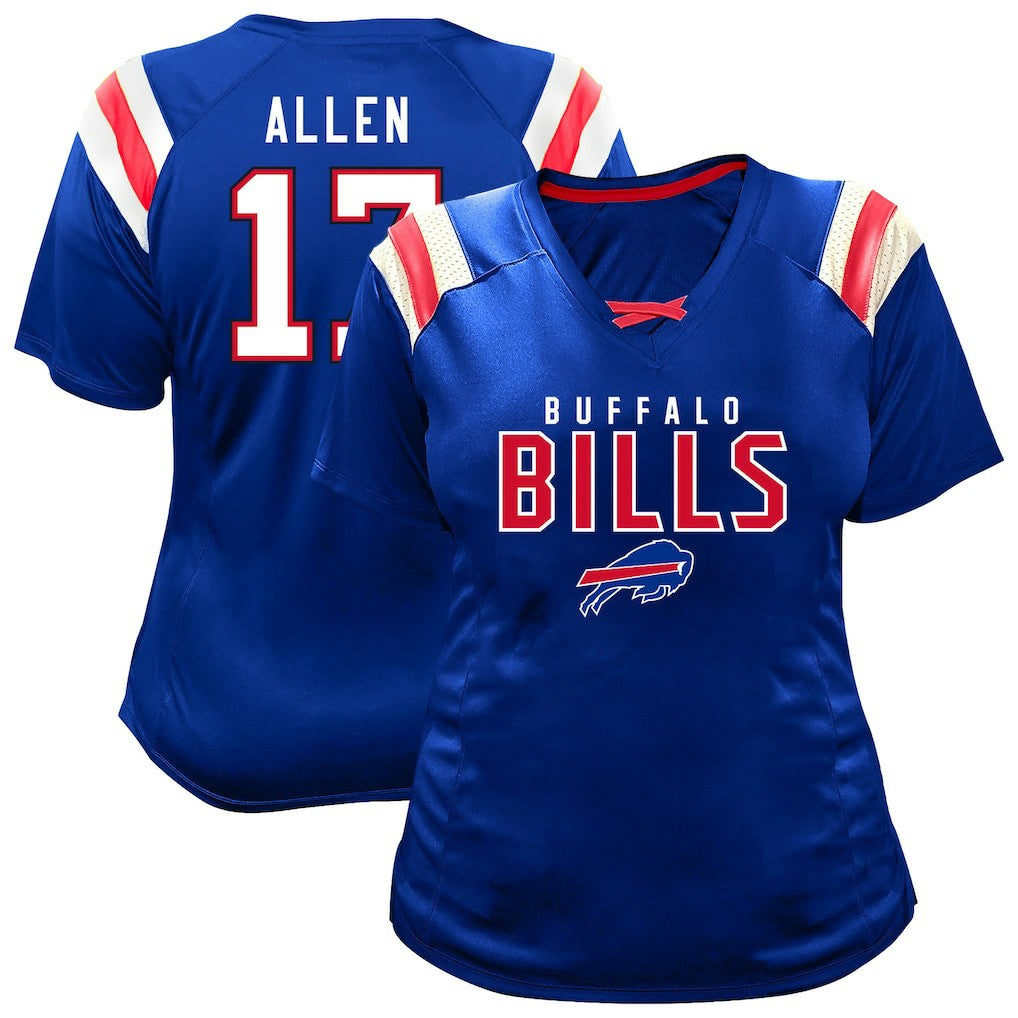 Josh Allen Buffalo Bills Women's Plus Size Name & Number Raglan Lace V-Neck T-Shirt Royal | Fanatics