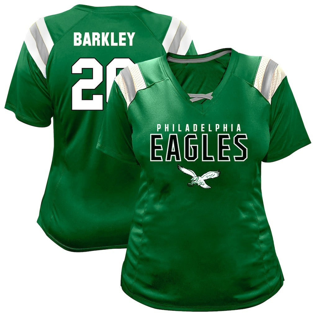Saquon Barkley Philadelphia Eagles Women's Plus Size Name & Number Raglan Lace V-Neck T-Shirt Kelly Green | Fanatics