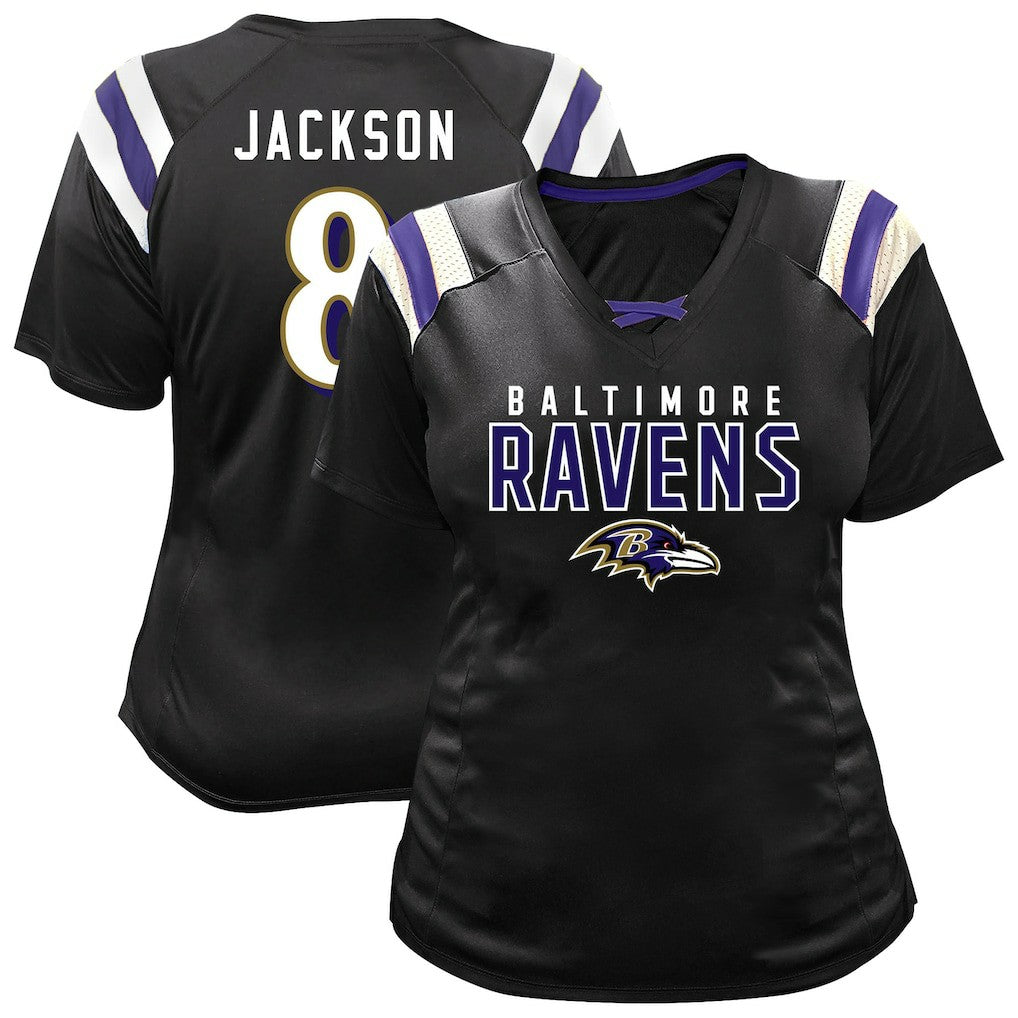 Lamar Jackson Baltimore Ravens Women's Plus Size Name & Number Raglan Lace V-Neck T-Shirt Black | Fanatics