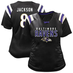 Lamar Jackson Baltimore Ravens Women's Plus Size Name & Number Raglan Lace V-Neck T-Shirt Black | Fanatics