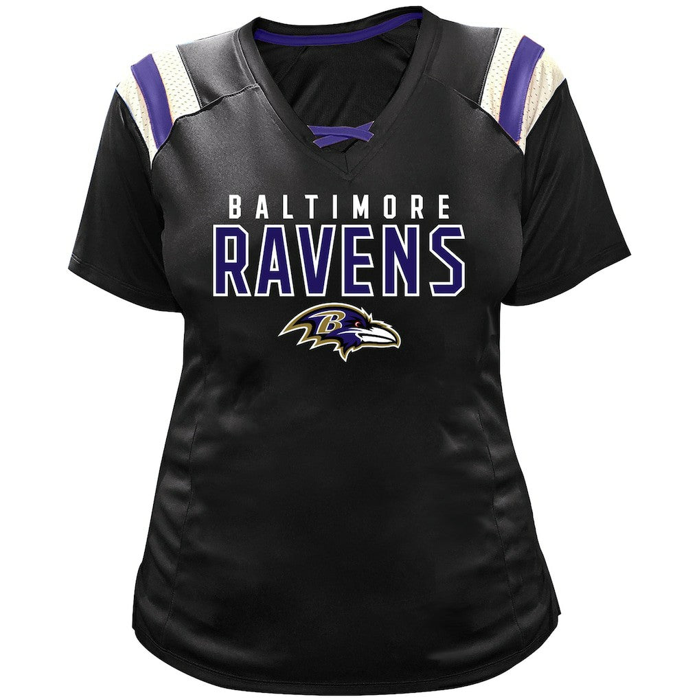 Lamar Jackson Baltimore Ravens Women's Plus Size Name & Number Raglan Lace V-Neck T-Shirt Black | Fanatics