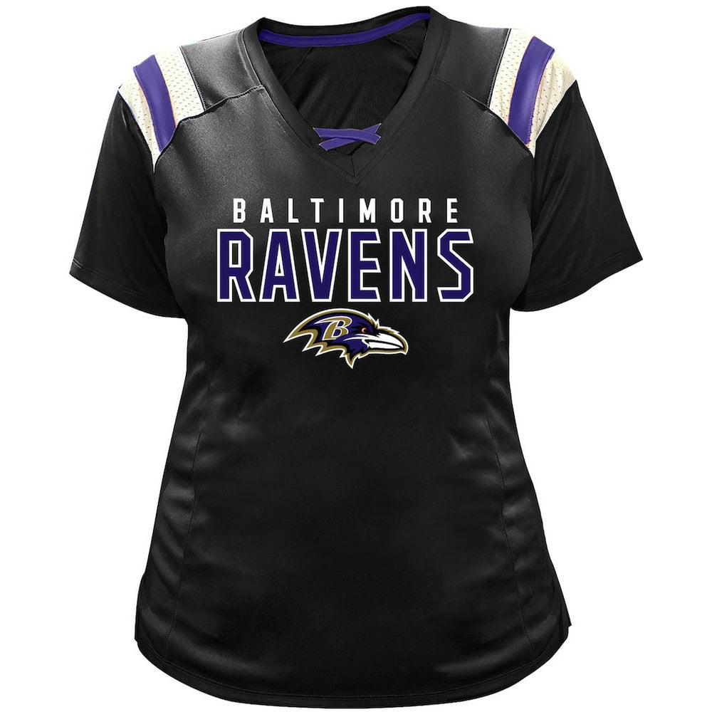 Lamar Jackson Baltimore Ravens Women's Plus Size Name & Number Raglan Lace V-Neck T-Shirt Black | Fanatics