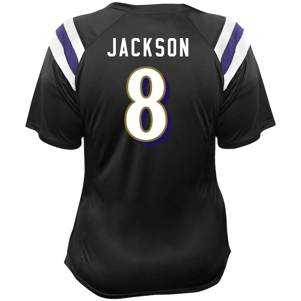 Lamar Jackson Baltimore Ravens Women's Plus Size Name & Number Raglan Lace V-Neck T-Shirt Black | Fanatics