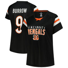 Joe Burrow Cincinnati Bengals Women's Plus Size Name & Number Raglan Lace V-Neck T-Shirt Black | Fanatics