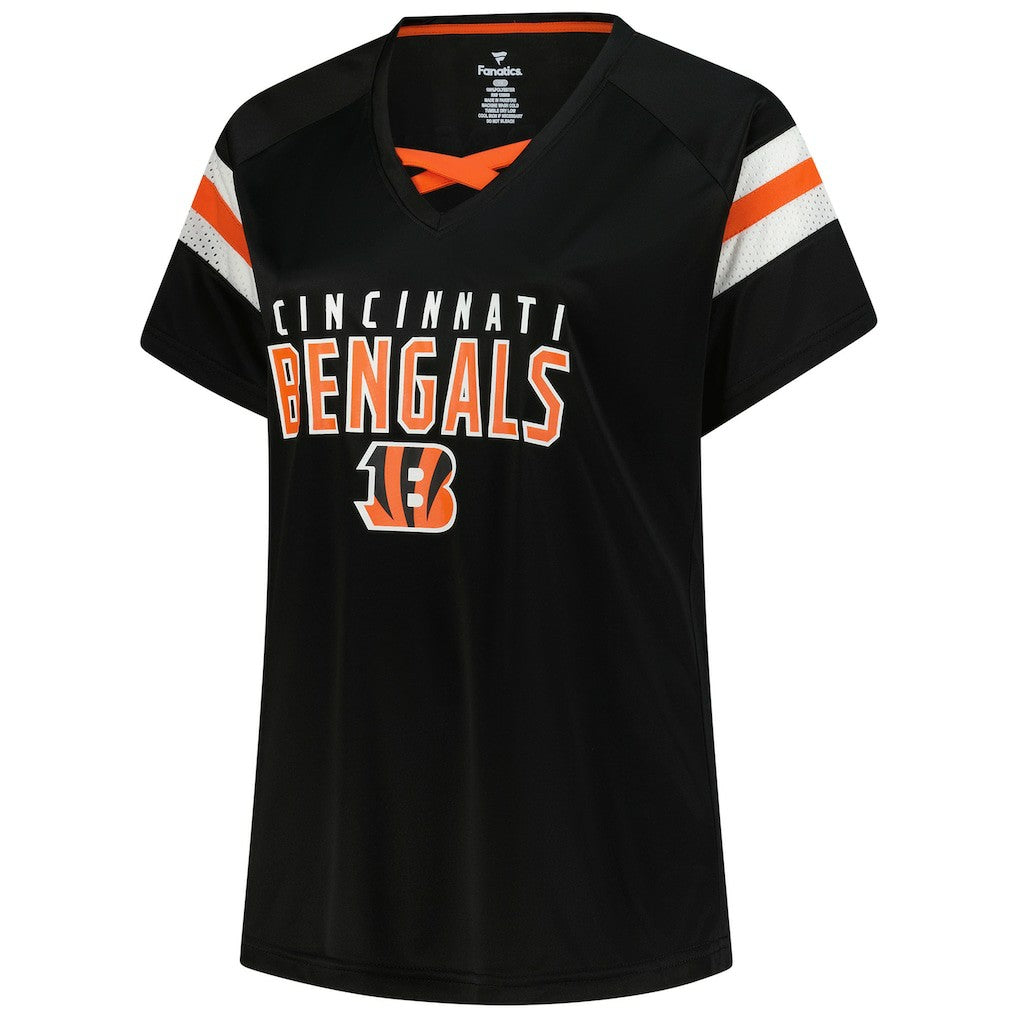 Joe Burrow Cincinnati Bengals Women's Plus Size Name & Number Raglan Lace V-Neck T-Shirt Black | Fanatics