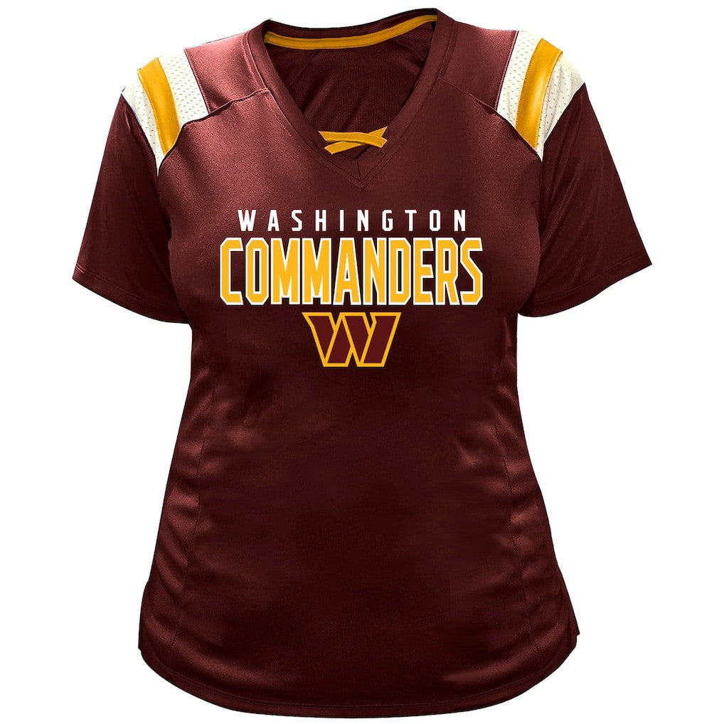 Jayden Daniels Washington Commanders Women's Plus Size Name & Number Raglan Lace V-Neck T-Shirt Burgundy | Fanatics