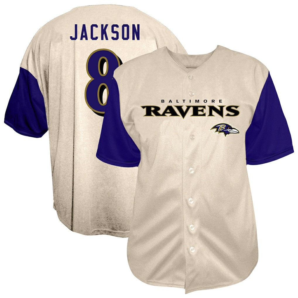 Lamar Jackson Baltimore Ravens Big & Tall Baseball Button-Up Shirt Cream | Fanatics