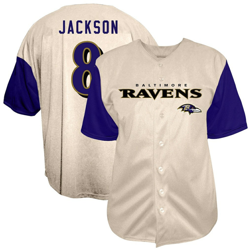 Lamar Jackson Baltimore Ravens Big & Tall Baseball Button-Up Shirt Cream | Fanatics