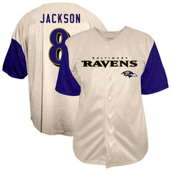 Lamar Jackson Baltimore Ravens Big & Tall Baseball Button-Up Shirt Cream | Fanatics