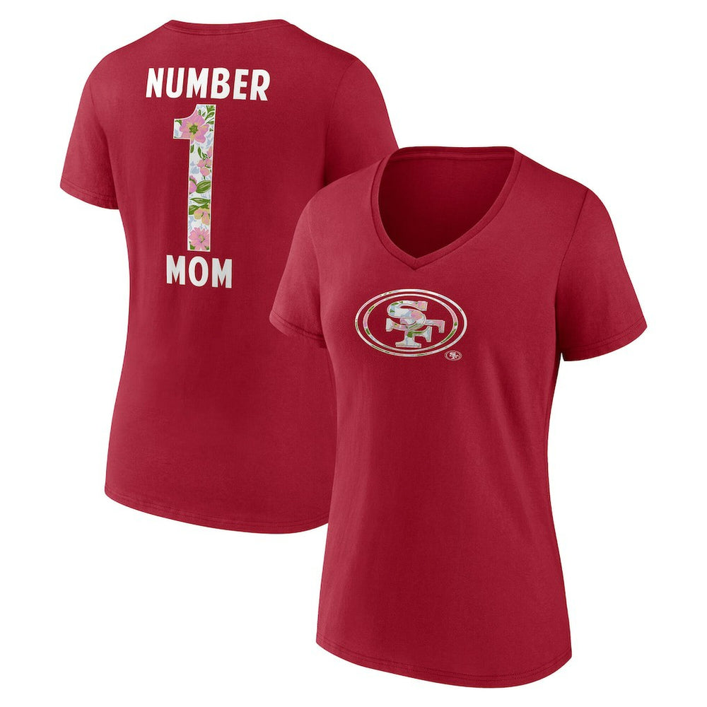 San Francisco 49ers Women's Number 1 Mom Floral V-Neck T-Shirt Scarlet | NFL