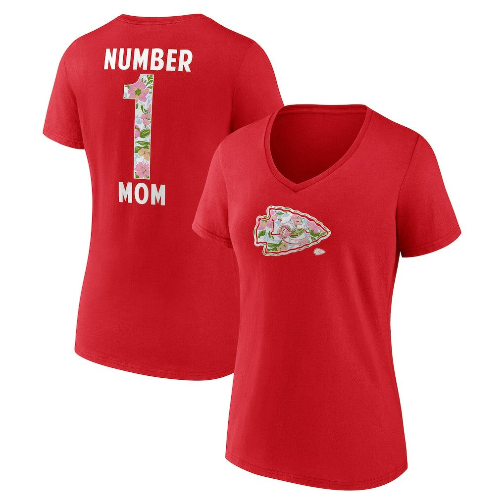 Kansas City Chiefs Women's Number 1 Mom Floral V-Neck T-Shirt Red | NFL