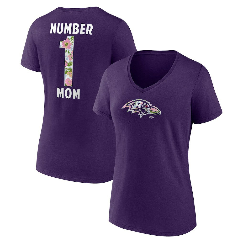 Baltimore Ravens Women's Number 1 Mom Floral V-Neck T-Shirt Purple | NFL