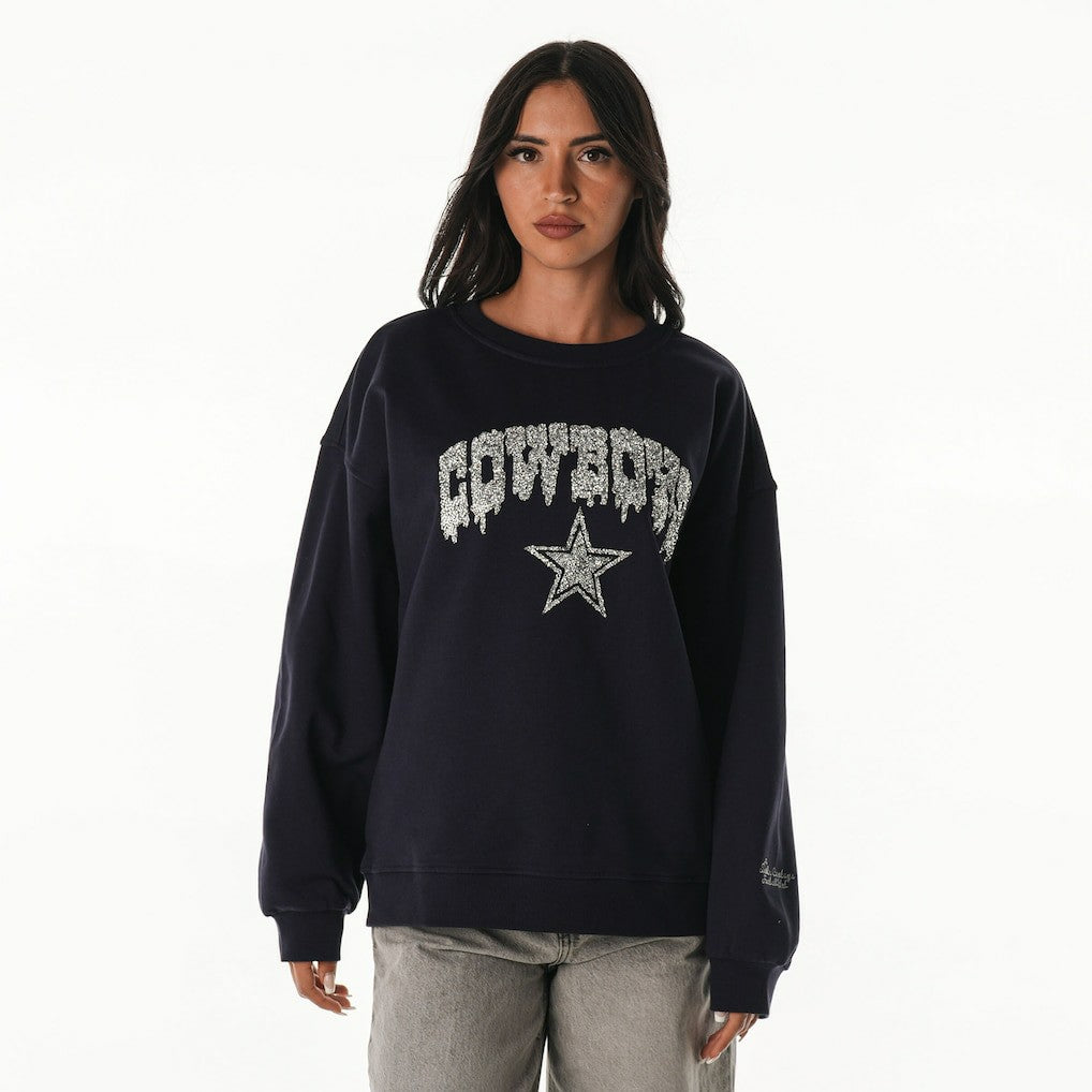 Dallas Cowboys The Wild Collective Women's Rock Crystal Oversized Crewneck Sweatshirt Navy | NFL