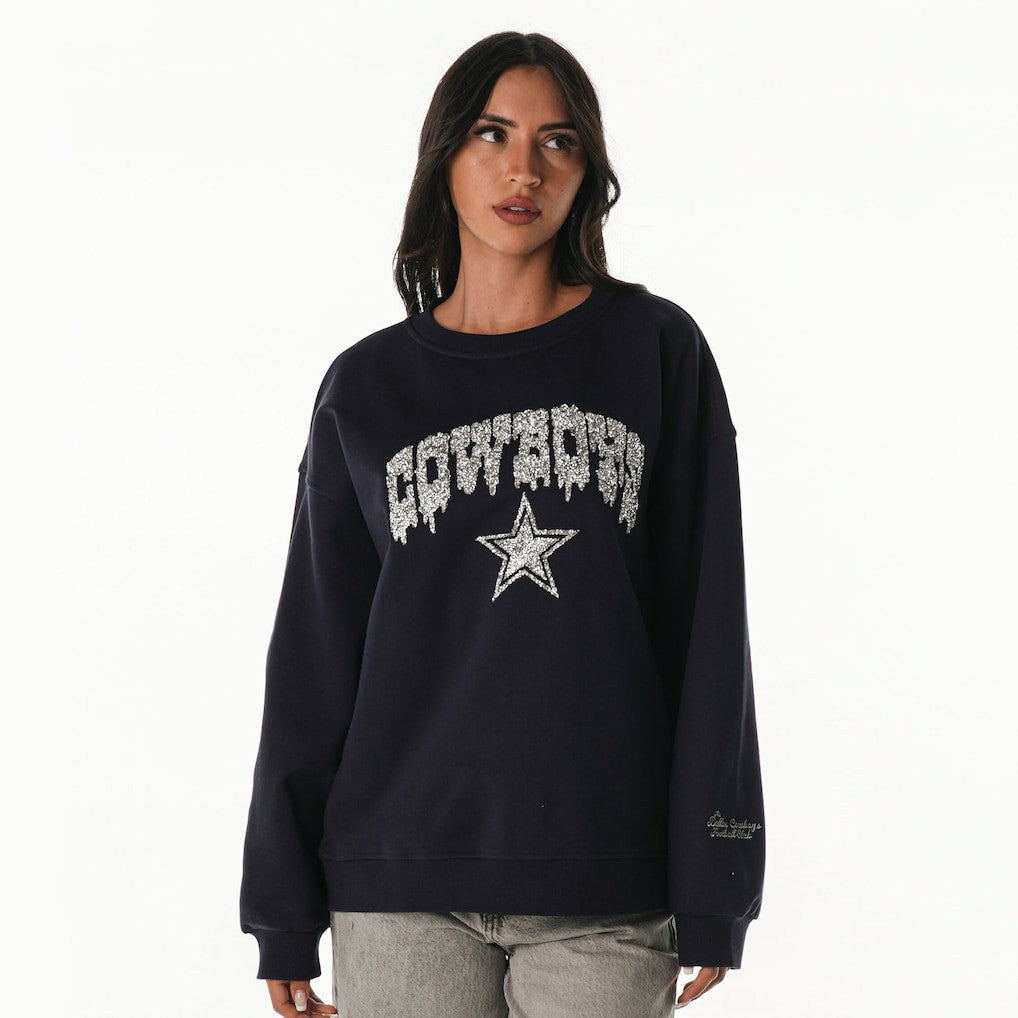 Dallas Cowboys The Wild Collective Women's Rock Crystal Oversized Crewneck Sweatshirt Navy | NFL