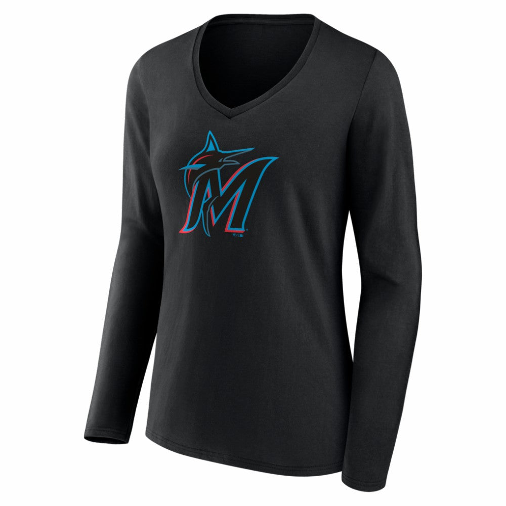 Miami Marlins Women's Logo Long Sleeve V-Neck T-Shirt - MLB