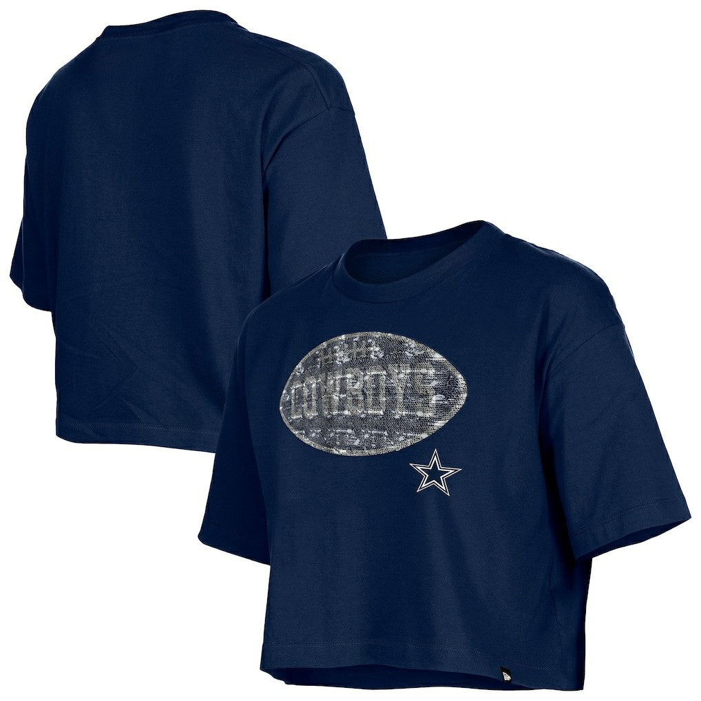 Dallas Cowboys New Era Girl's Flip Sequin Boxy T-Shirt Navy | NFL