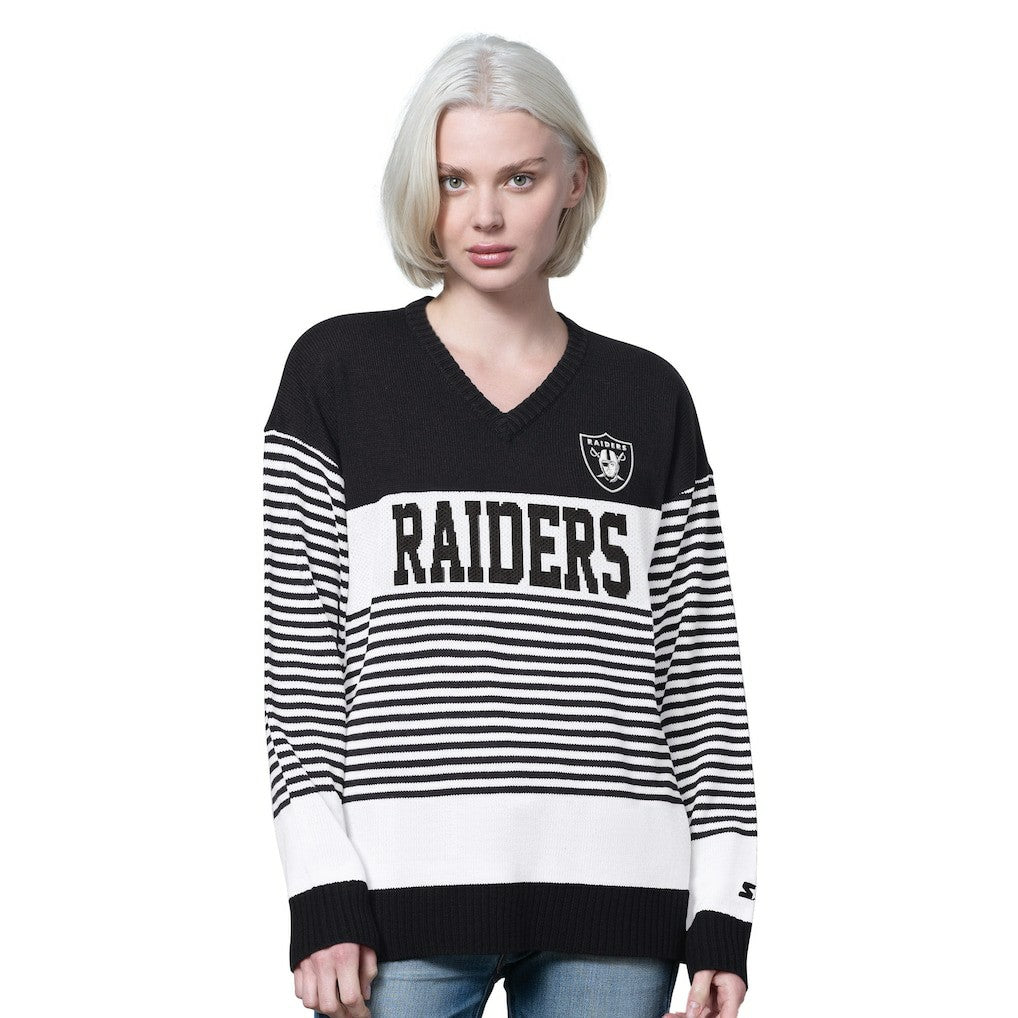 Las Vegas Raiders Starter Women's No Huddle Striped V-Neck Sweater Black | NFL
