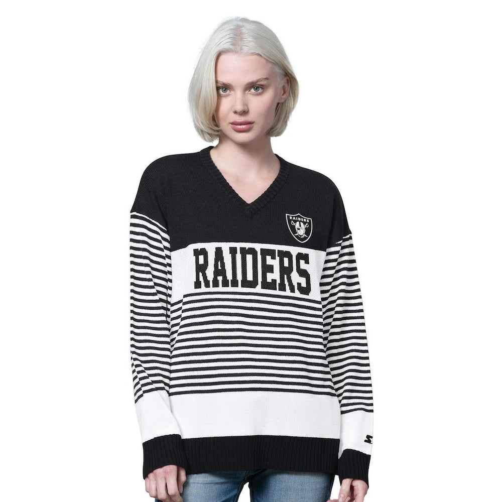 Las Vegas Raiders Starter Women's No Huddle Striped V-Neck Sweater Black | NFL