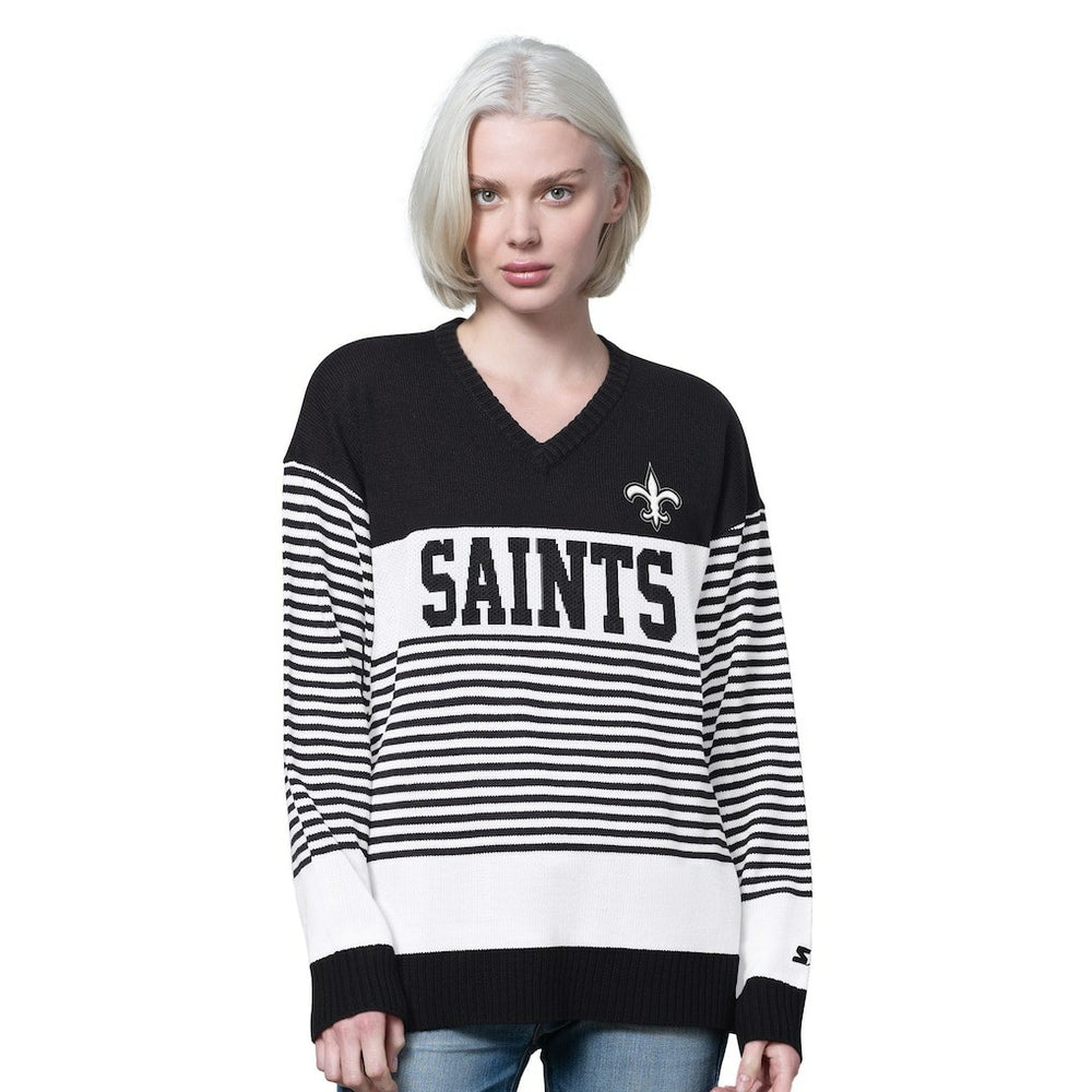 New Orleans Saints Starter Women's No Huddle Striped V-Neck Sweater Black | NFL
