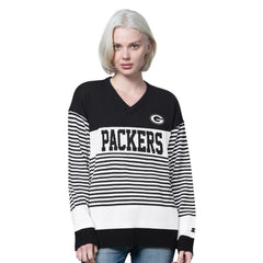 Green Bay Packers Starter Women's No Huddle Striped V-Neck Sweater Black | NFL
