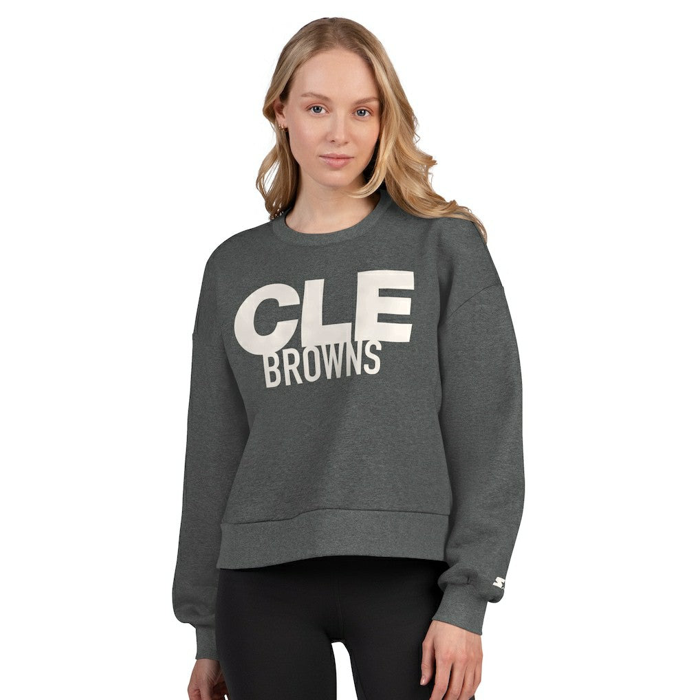 Cleveland Browns Starter Women's Show Up Cropped Fleece Pullover Sweatshirt Heather Gray | NFL