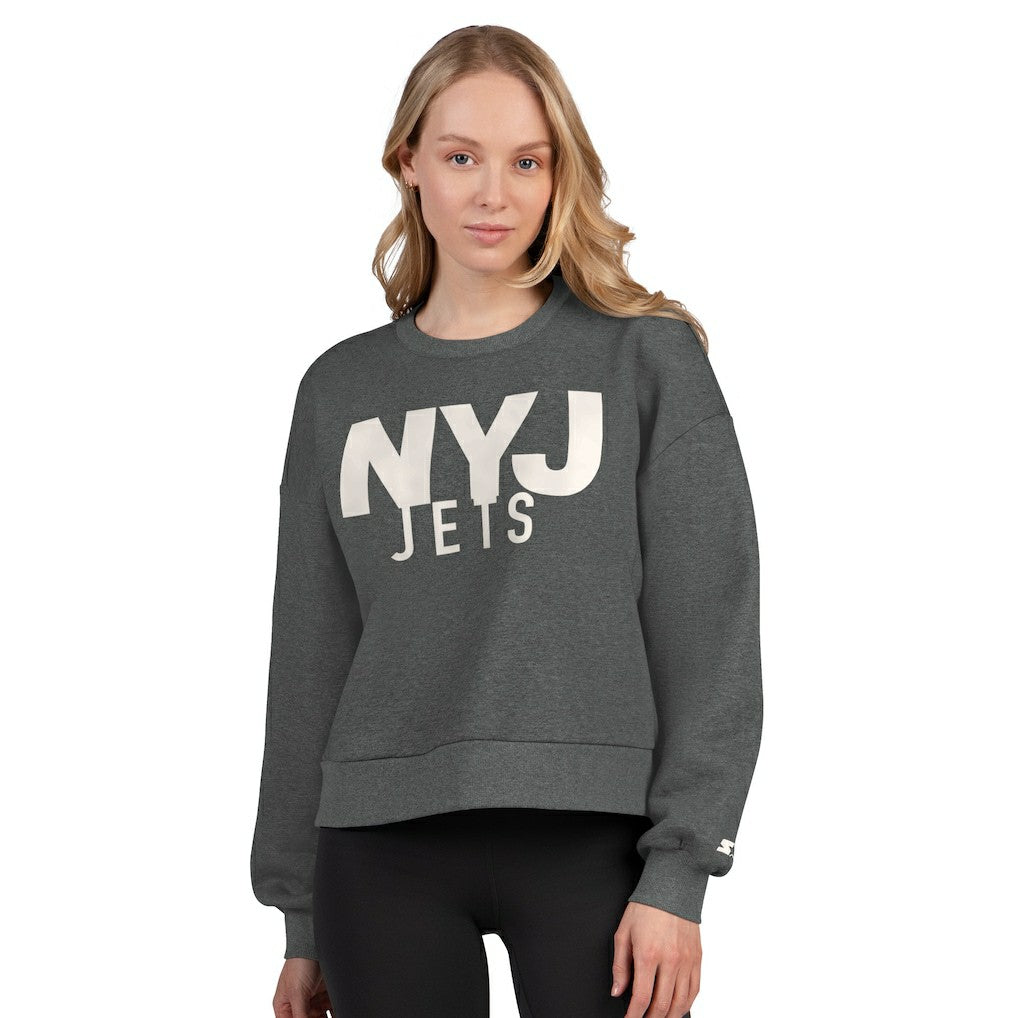 New York Jets Starter Women's Show Up Cropped Fleece Pullover Sweatshirt Heather Gray | NFL