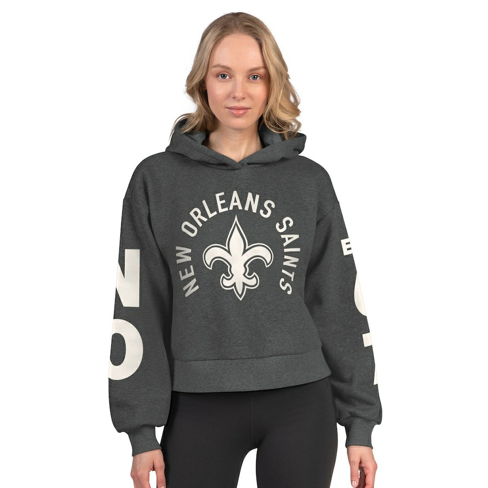 New Orleans Saints Starter Women's Star Player Cropped Fleece Pullover Hoodie Heather Charcoal | NFL