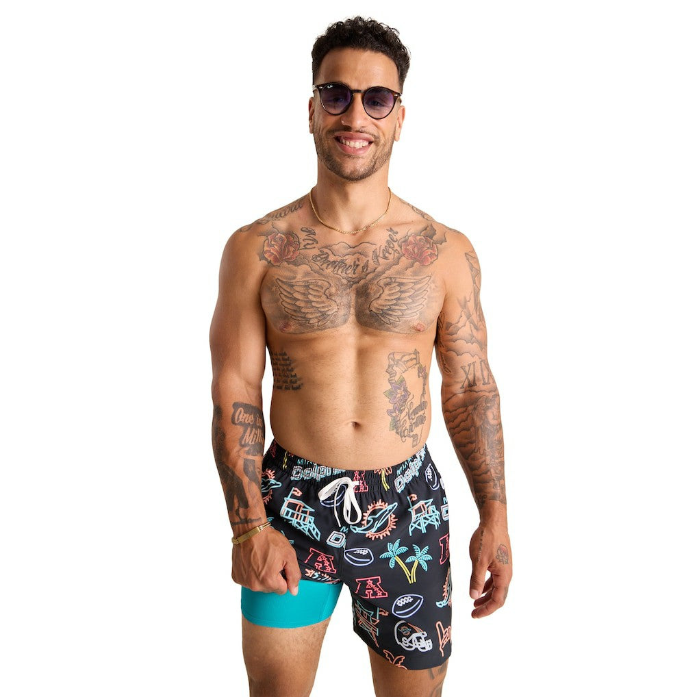 Miami Dolphins Chubbies The Neon 5.5" Classic Lined Swim Trunks Black | NFL