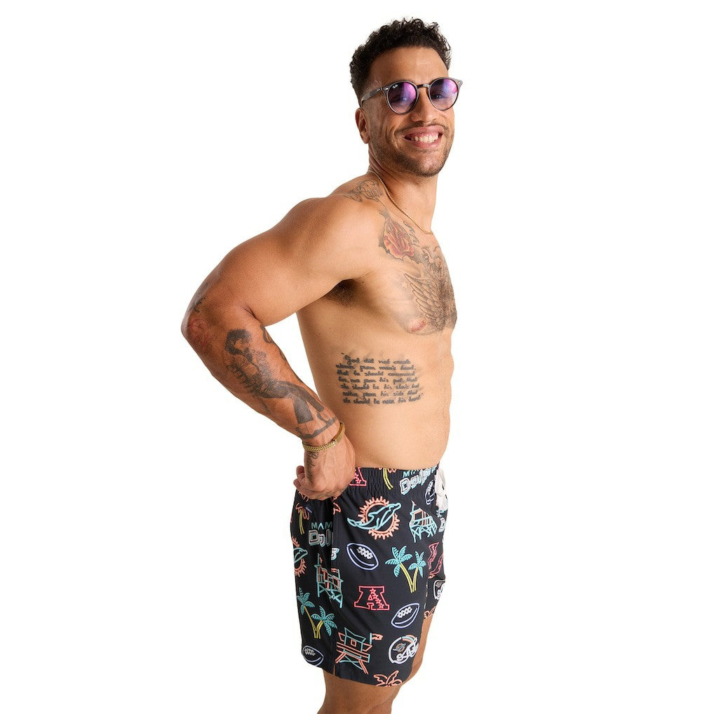 Miami Dolphins Chubbies The Neon 5.5" Classic Lined Swim Trunks Black | NFL