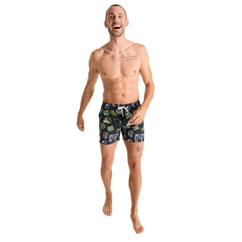 Green Bay Packers Chubbies The Neon 5.5" Classic Lined Swim Trunks Black | NFL