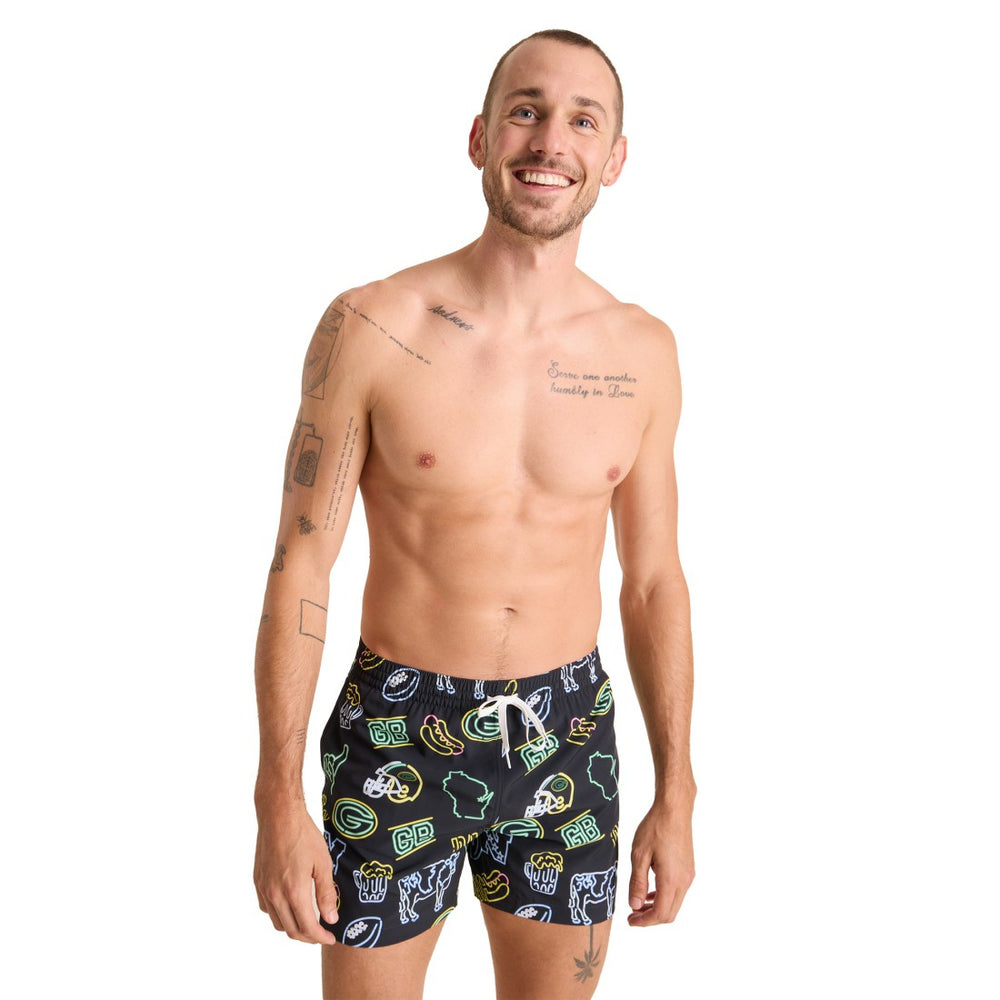 Green Bay Packers Chubbies The Neon 5.5" Classic Lined Swim Trunks Black | NFL