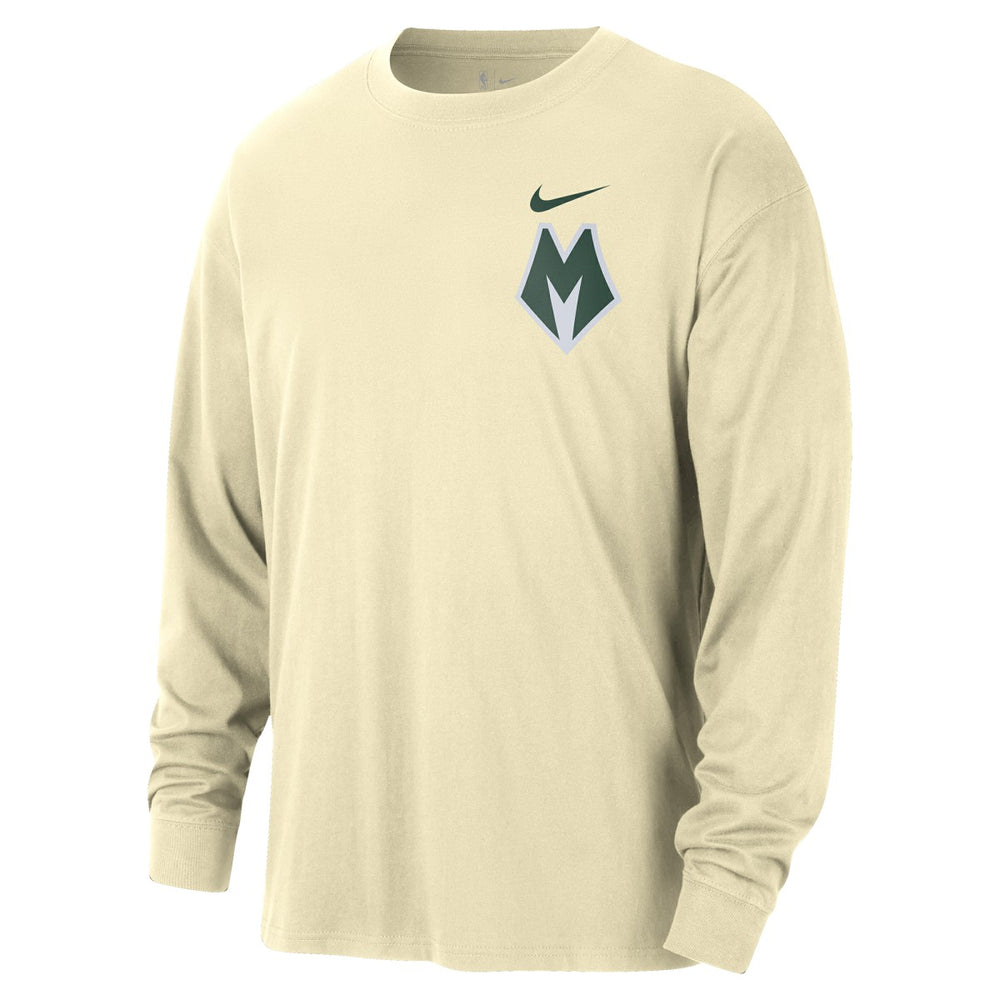 Milwaukee Bucks 2025/26 City Edition Remix Essential Logo Long Sleeve T-Shirt Cream - NBA