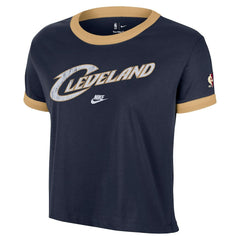 Cleveland Cavaliers Women's Classic Edition Hardwood Classics Essential Vintage Ringer T-Shirt Navy - NBA