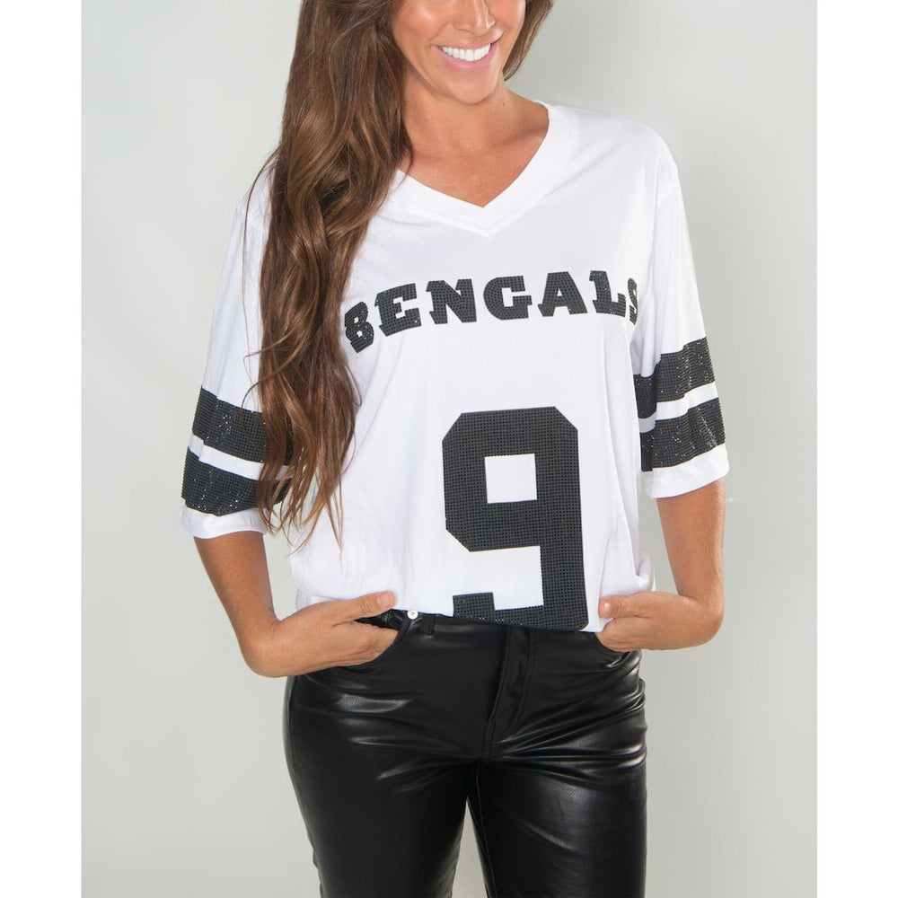 Joe Burrow Cincinnati Bengals Cuce Women's Crystal V-Neck Tunic White | NFL