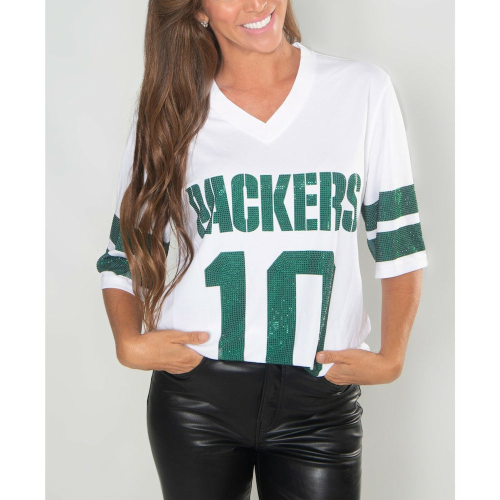 Jordan Love Green Bay Packers Cuce Women's Crystal V-Neck Tunic White | NFL