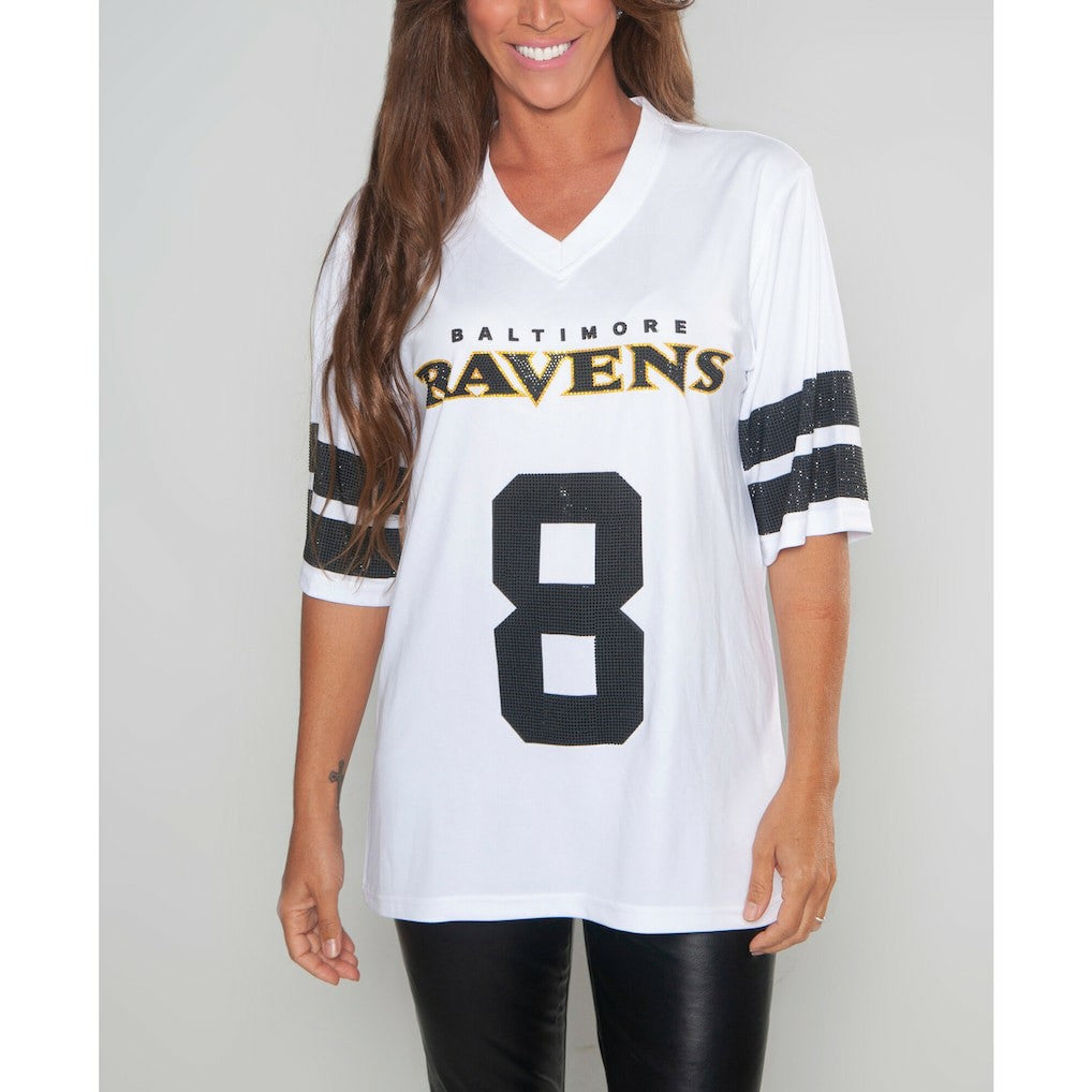 Lamar Jackson Baltimore Ravens Cuce Women's Crystal V-Neck Tunic White | NFL