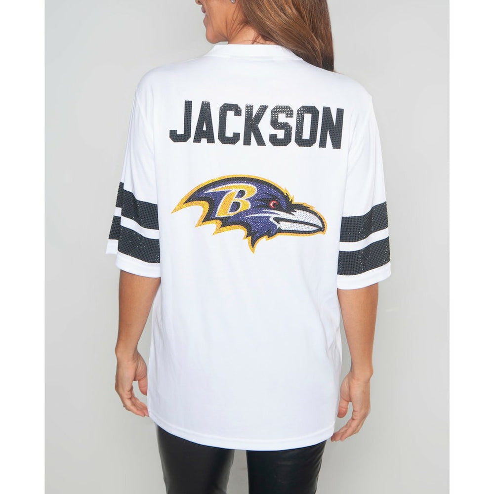 Lamar Jackson Baltimore Ravens Cuce Women's Crystal V-Neck Tunic White | NFL