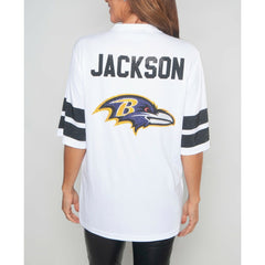 Lamar Jackson Baltimore Ravens Cuce Women's Crystal V-Neck Tunic White | NFL