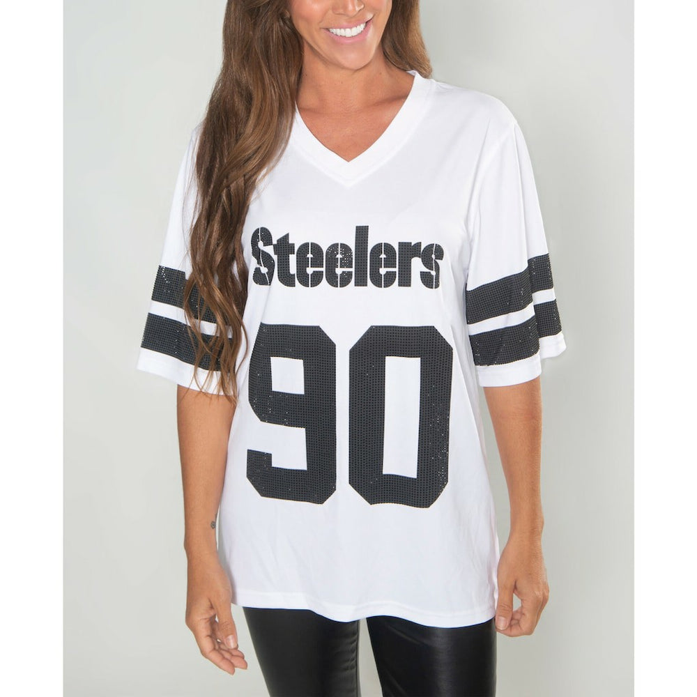 T.J. Watt Pittsburgh Steelers Cuce Women's Crystal V-Neck Tunic White | NFL