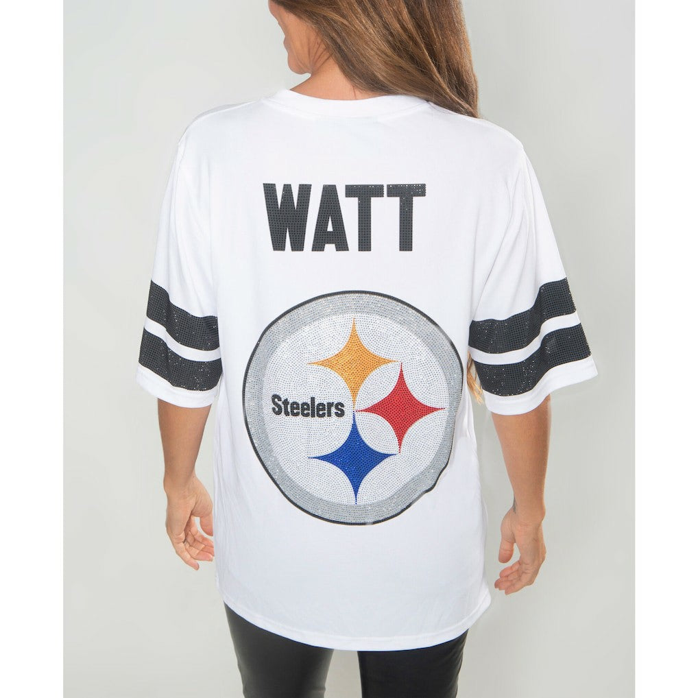 T.J. Watt Pittsburgh Steelers Cuce Women's Crystal V-Neck Tunic White | NFL