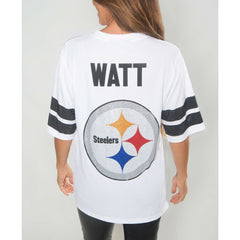 T.J. Watt Pittsburgh Steelers Cuce Women's Crystal V-Neck Tunic White | NFL